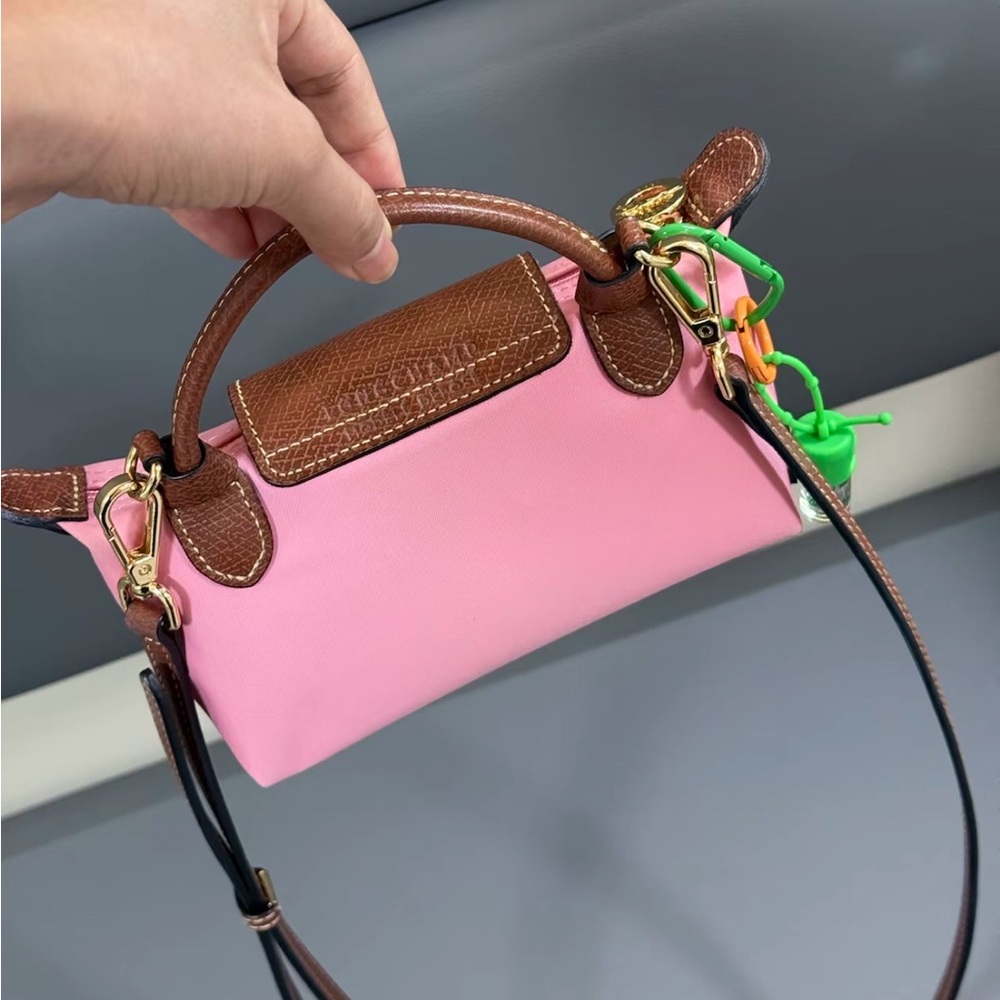 Longchamp Mini Le Pliage Pink Canvas Crossbody Bag Brown Leather Trim - Picture 3 of 4